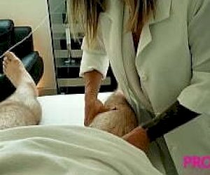tattooed masseuse with blond hair is covered with sperm