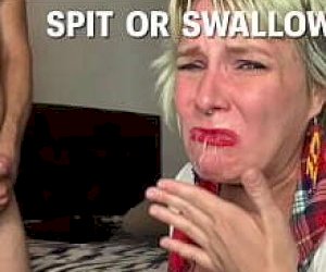 twat with a shaved pussy swallows sperm after