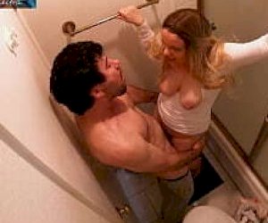 fluffy stepmother like to play hard cheating in the bathroom