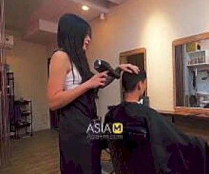 Asian hot chick in stockings is playing orally in the shop