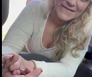 fluffy lady looks with blond hair gets what she wanted in public