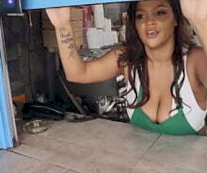 tattooed woman with dark hair takes facial creampie