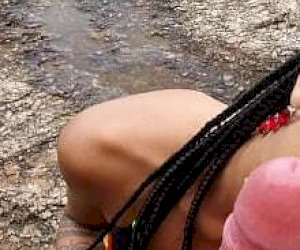 slut with big tits puts the dick deep into her throat in public