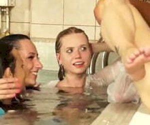 Lesbian with large tits he has sex on the upside-down amazon at the pool