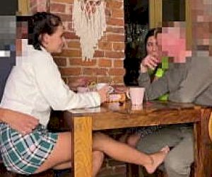 young eighteen with nice breasts are entertaining in a quadrangle at home