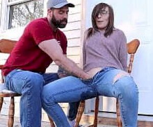 tattooed babe in jeans squeaks at home