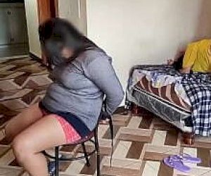 young teenager with nice breasts is covered with sperm at home