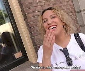 young slut with large tits starts in the casting in public