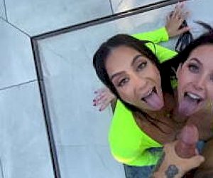 wet babe with a shaved pussy is fuckked doggy style outdoor