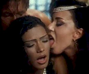 great lady with dark hair is covered with sperm