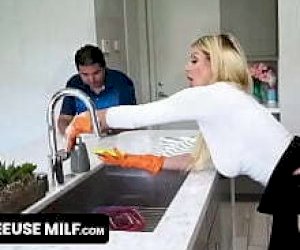 ideal young lady with artificial tits takes facial creampie